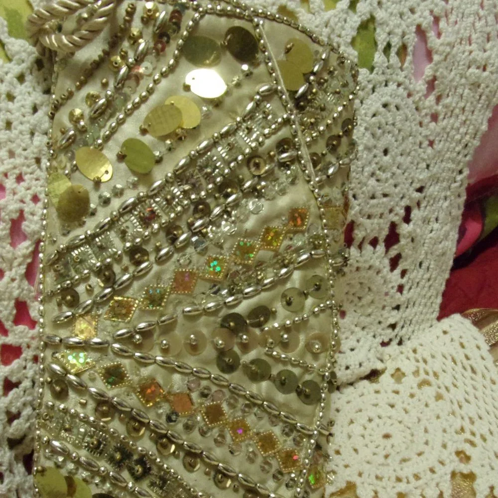 Gold Satin Sequin and Beads Bling Evening Handbag Clutch Optional handle NWOT